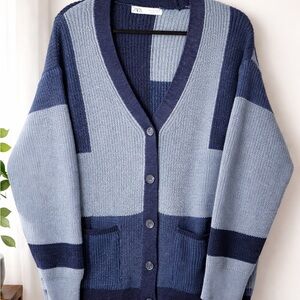 Zara Colorblock Ribbed Knit Cardigan Blue Oversized Cozy Button Front Sweater S